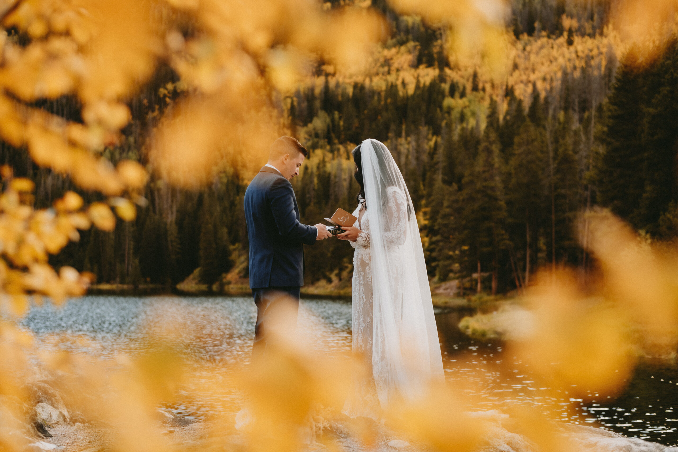 Romantic Fall Elopement in Colorado Vow Reading Ceremony