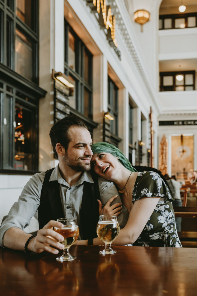 Indoor Engagement in Colorado Couple Drinking Beer | Julia Susanne Photography